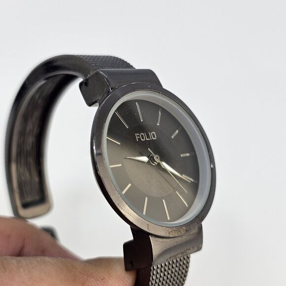 Folio Women's Cuff Watch 32MM Black Dial Black Bracelet Band 5.5" New Battery - Picture 3 of 13